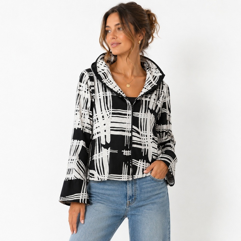 Joseph Ribkoff Abstract Plaid Zip Front Jacket Black White Size 16
